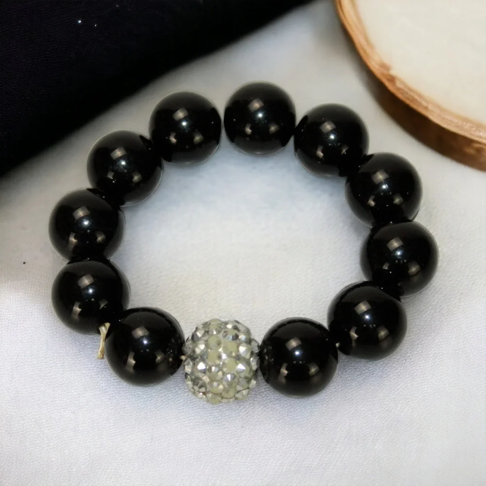 Vintage 80’s Black Beaded Pave Acrylic Plastic Stretch Bracelet Chunky Style